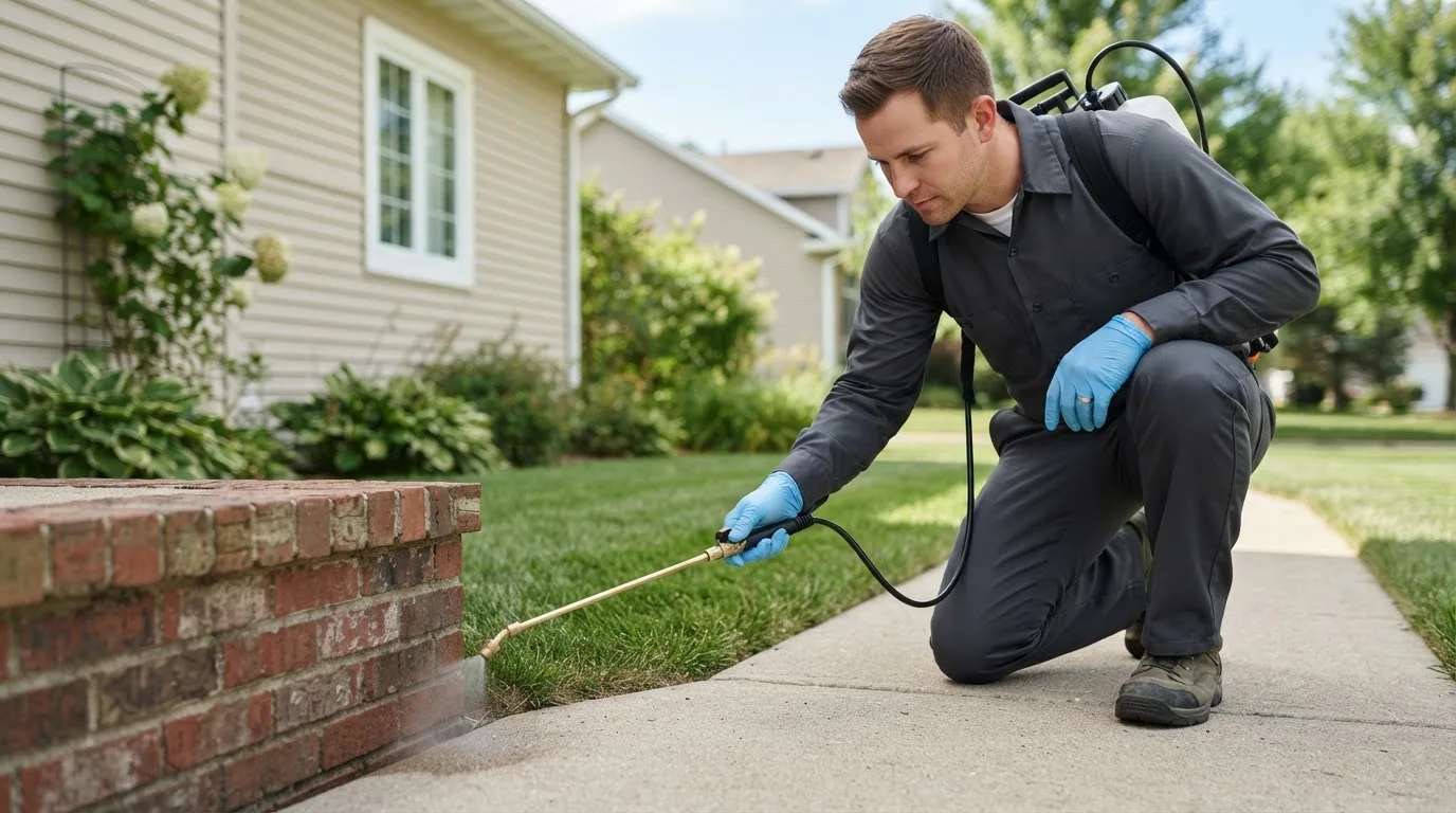 Pest control technician treating a home near Dewitt, MI