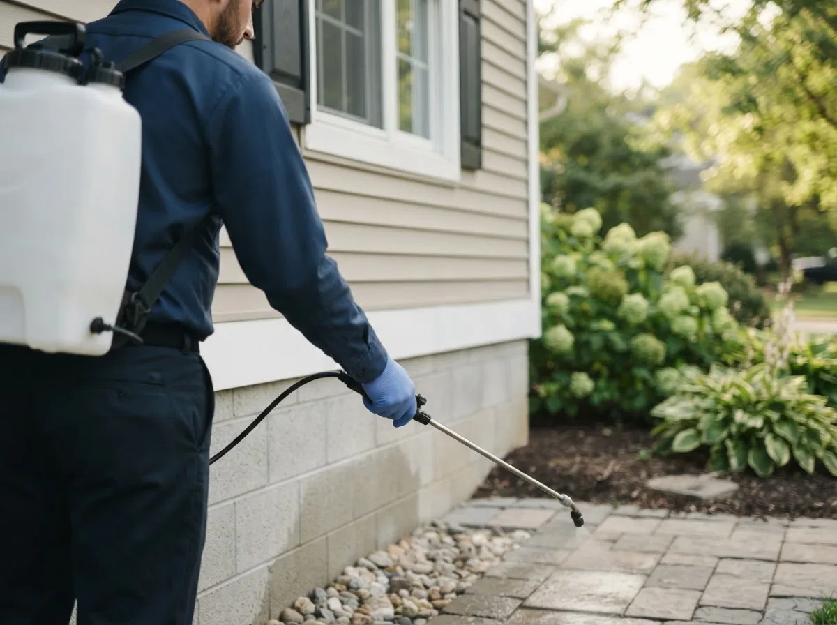 Pest control technician inspecting a home in Dewitt, MI